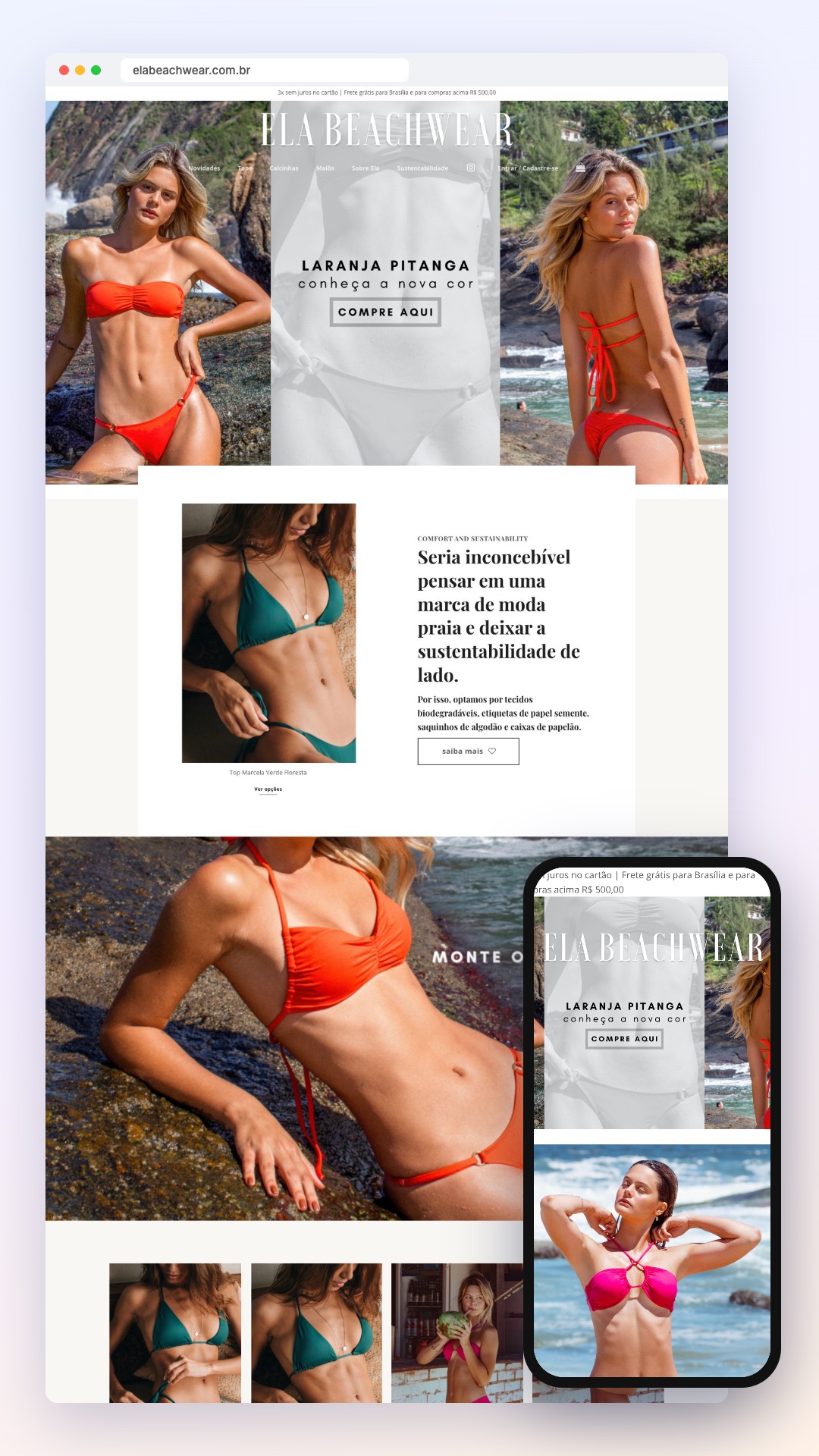 Ela Beachwear: site no computador e no celular