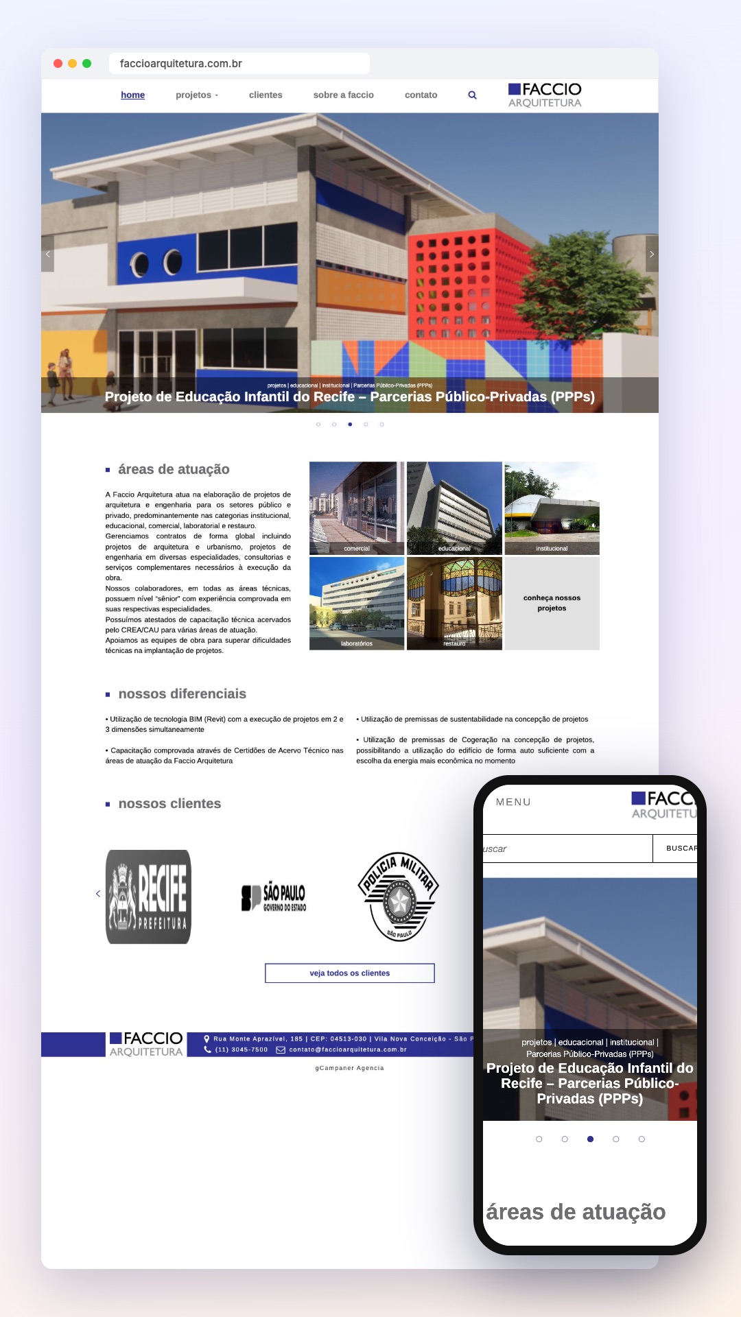 Faccio Arquitetura: site no computador e no celular