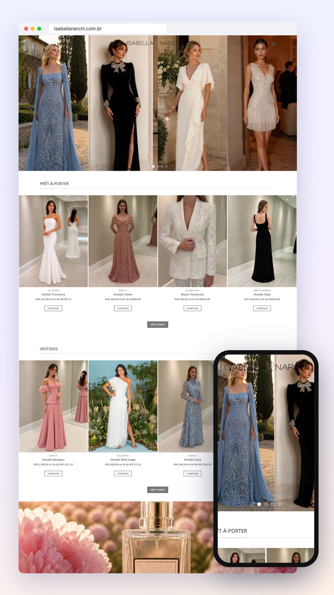 Isabella Narchi — loja virtual: site no computador e no celular
