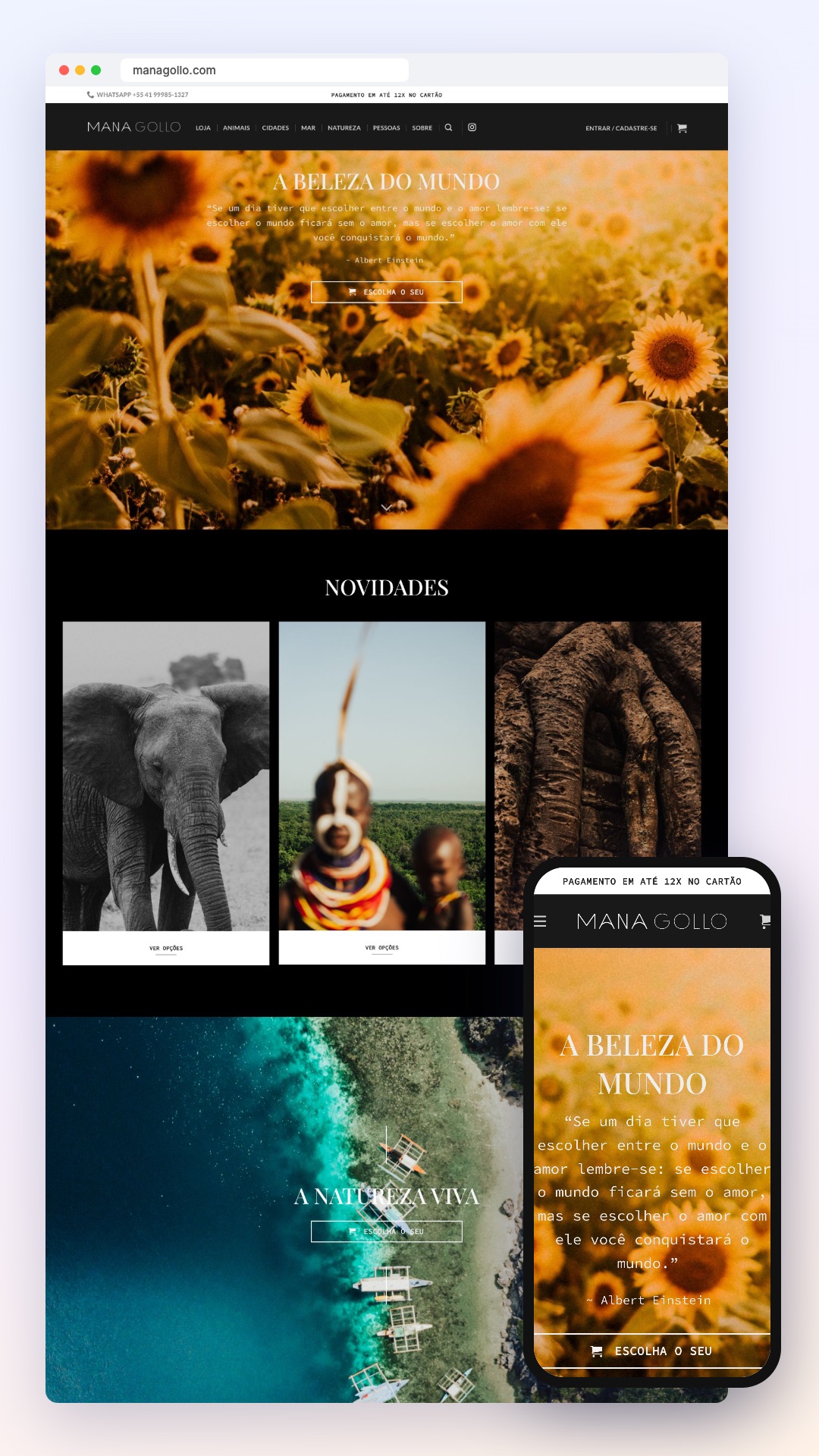 Mana Gollo — loja virtual: site no computador e no celular