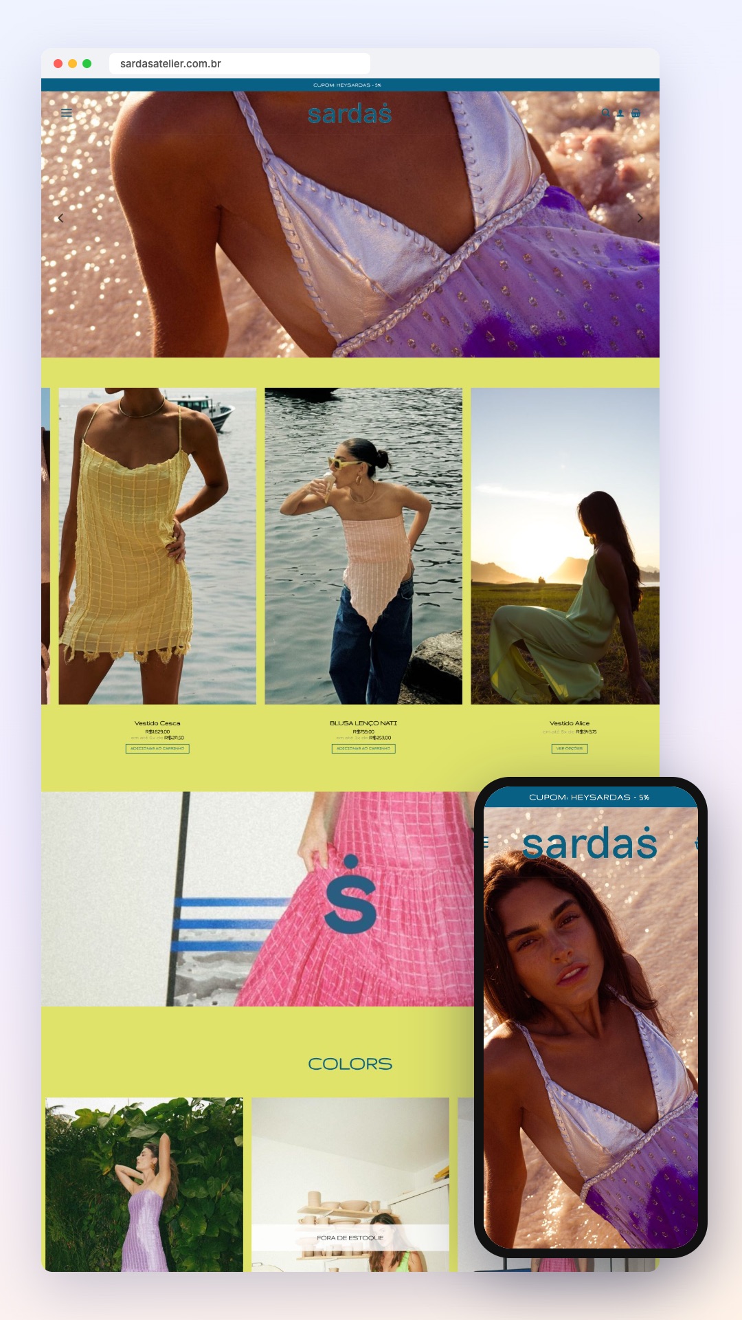 Sardas Atelier: site no computador e no celular