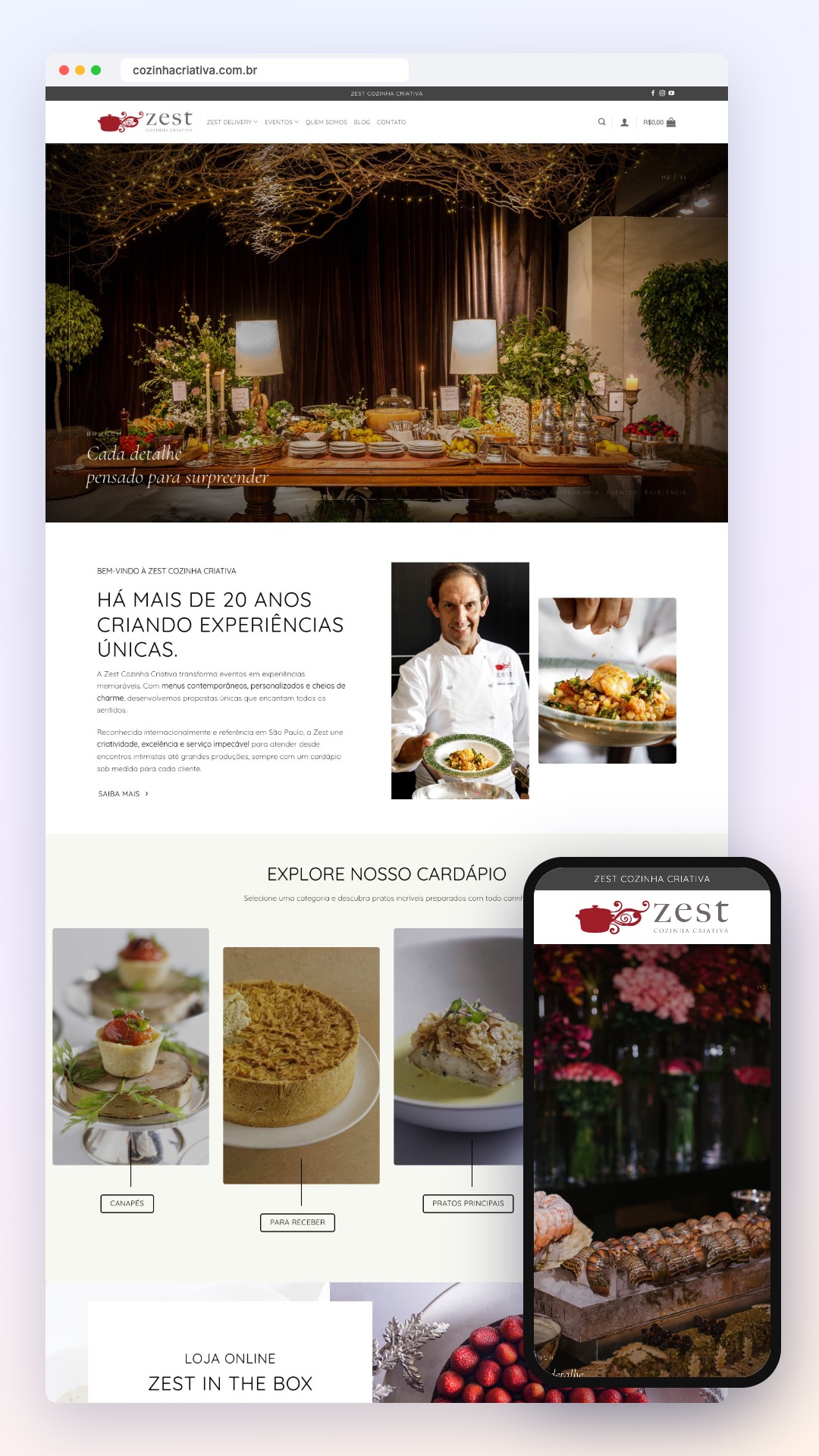 Zest Cozinha Criativa: site no computador e no celular