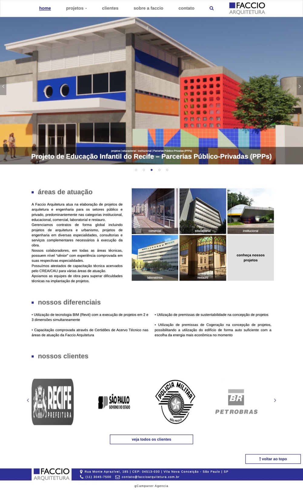 Página inicial do site Faccio Arquitetura