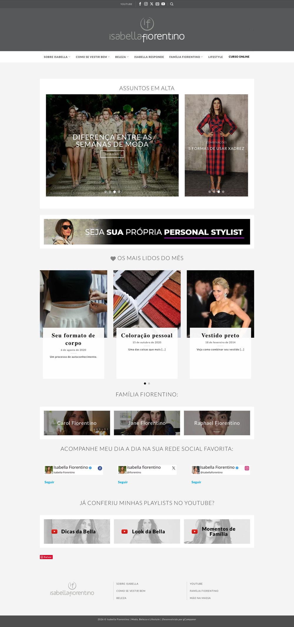 Página inicial do site Isabella Fiorentino
