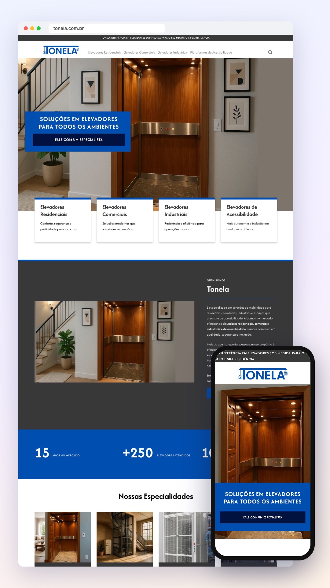 Tonela Elevadores: site no computador e no celular