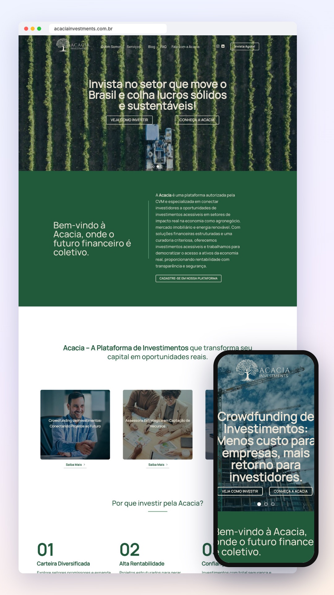 Acacia Investments: site no computador e no celular