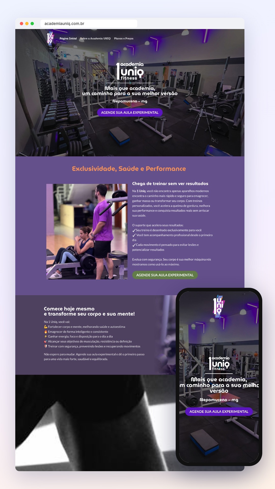 Academia UNIQ: site no computador e no celular
