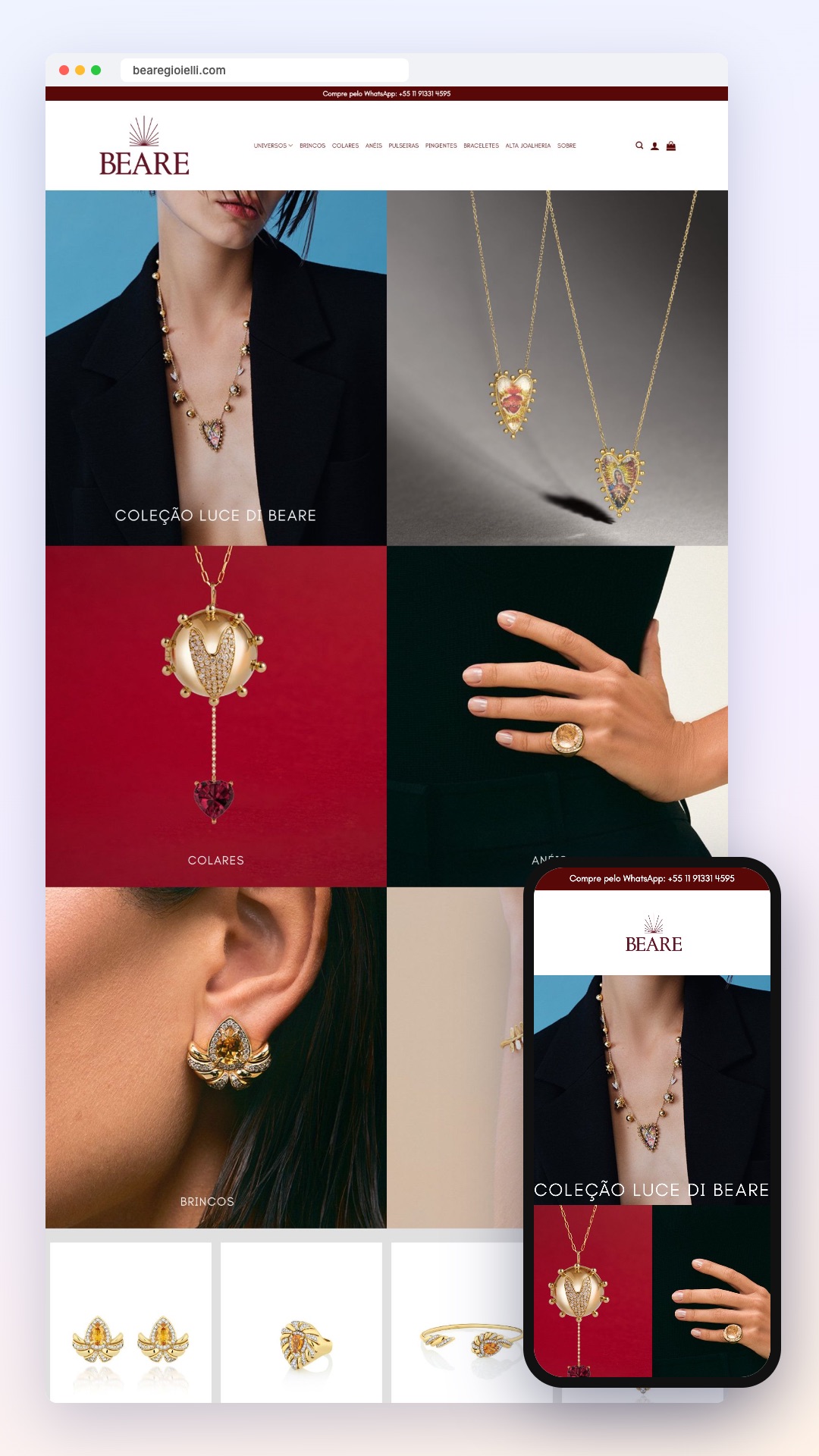 Beare Gioielli: site no computador e no celular