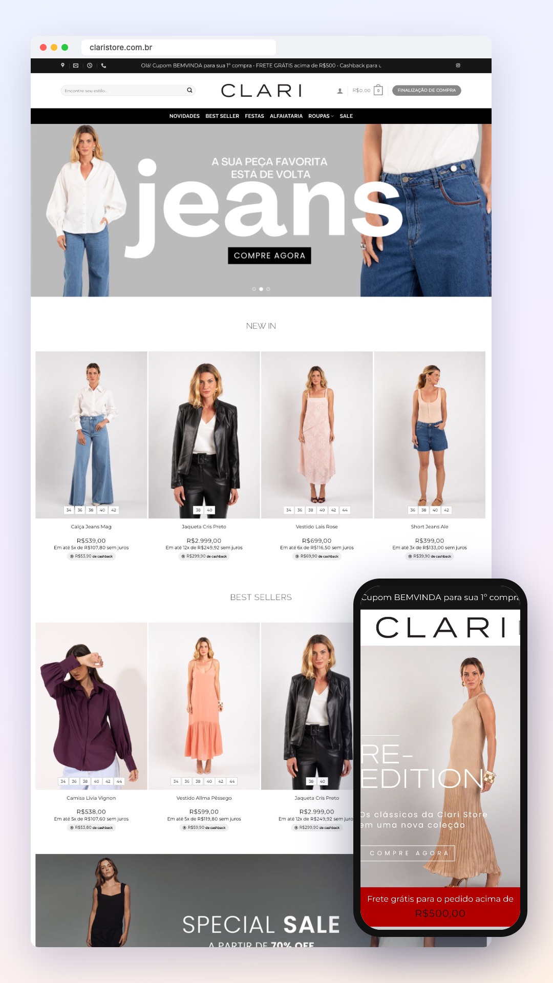 Clari Store: site no computador e no celular