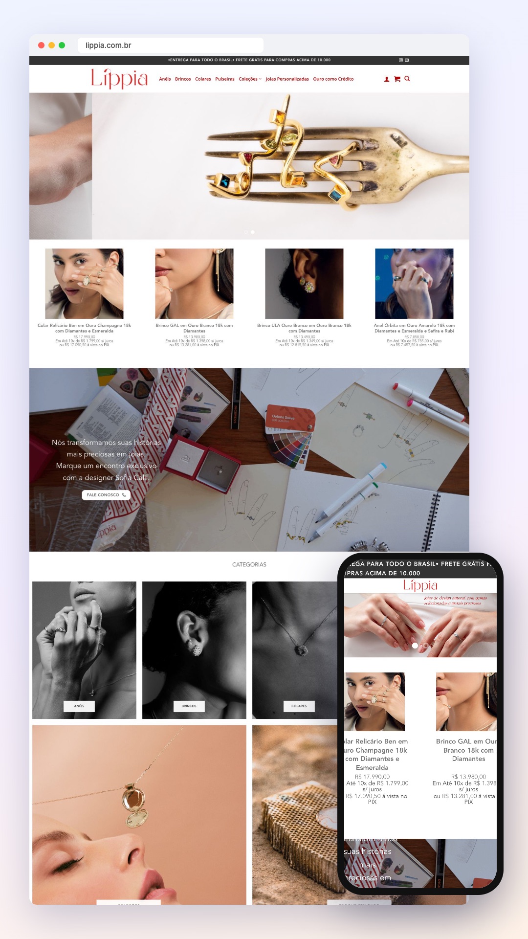 Líppia Fine Jewelry: site no computador e no celular