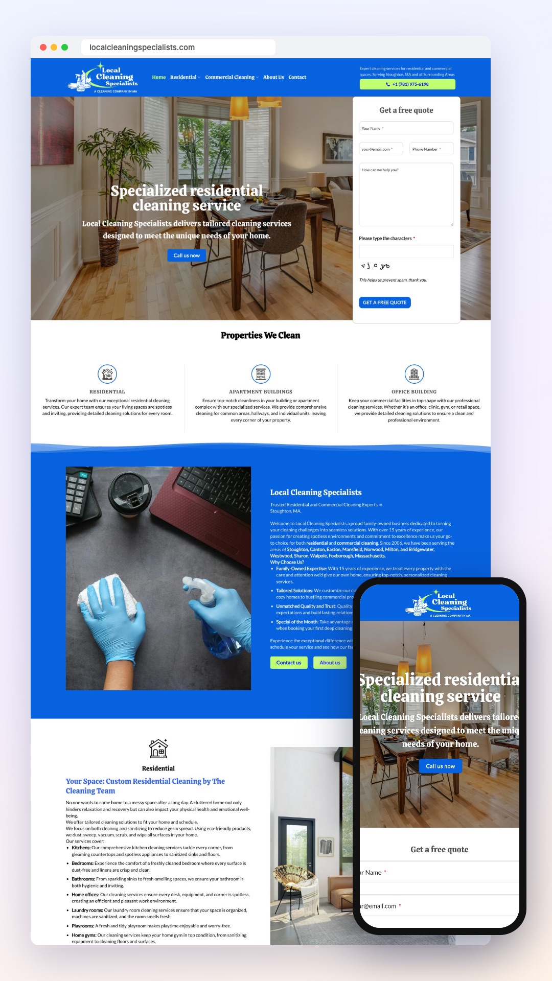 Local Cleaning Specialists: site no computador e no celular