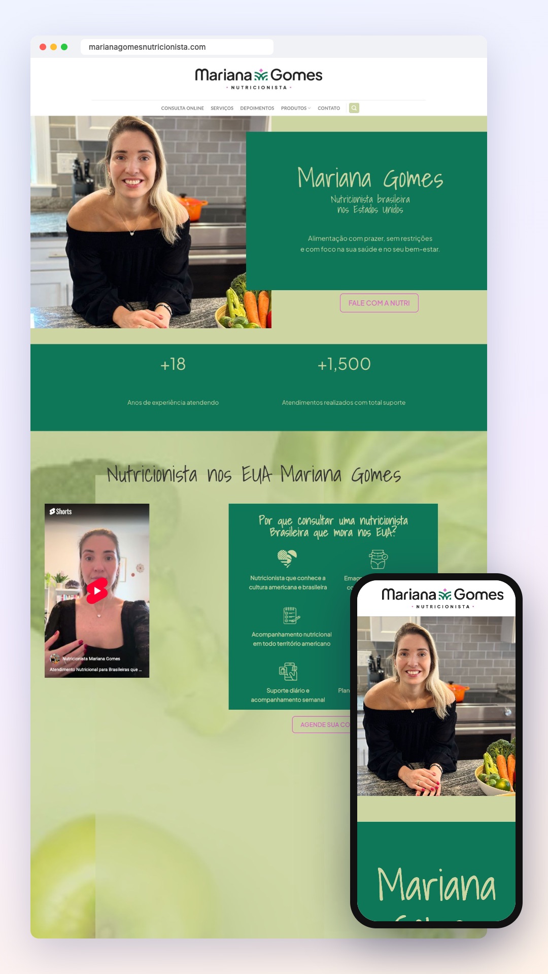 Mariana Gomes Nutricionista: site no computador e no celular