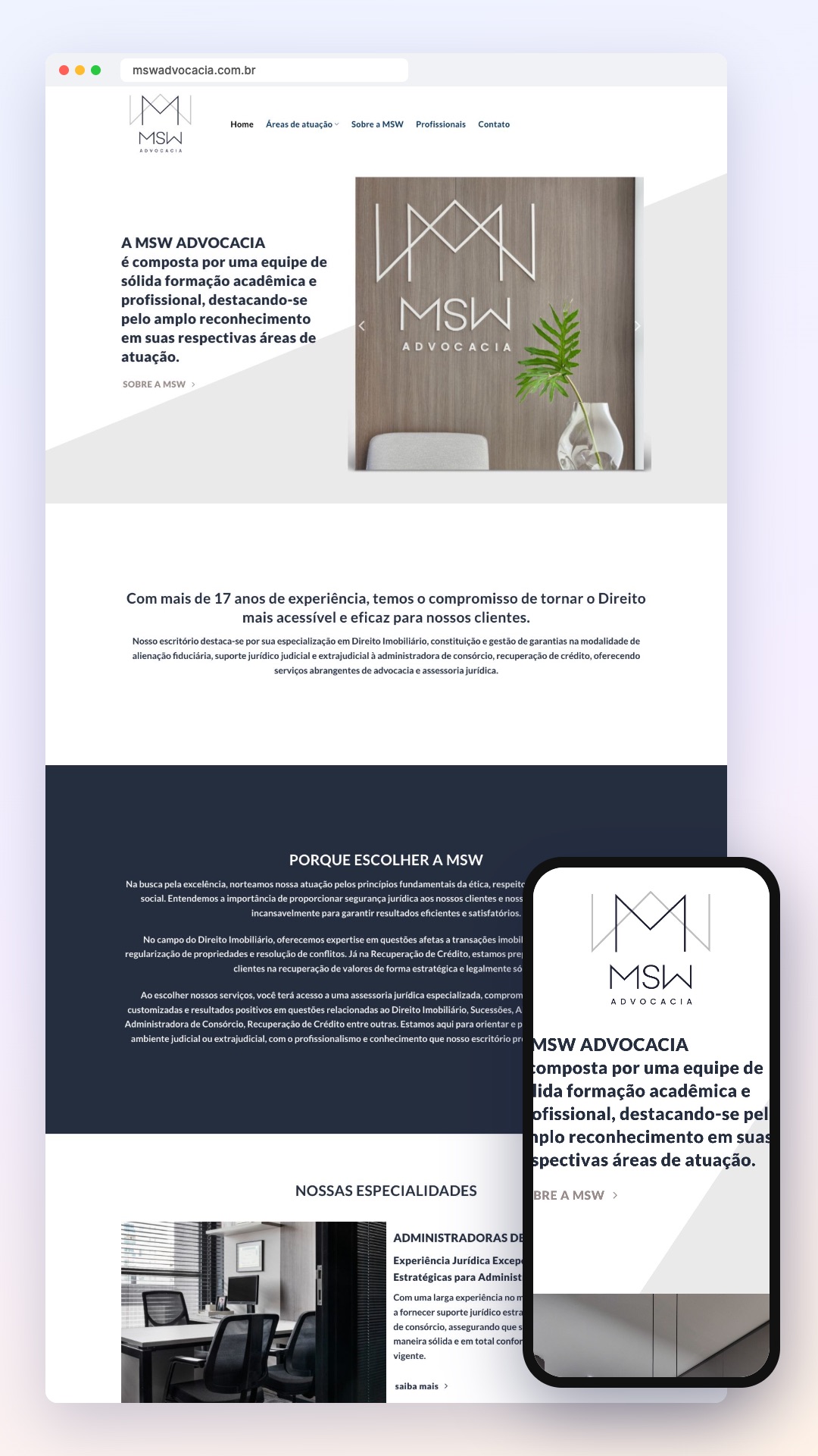 MSW Advocacia: site no computador e no celular