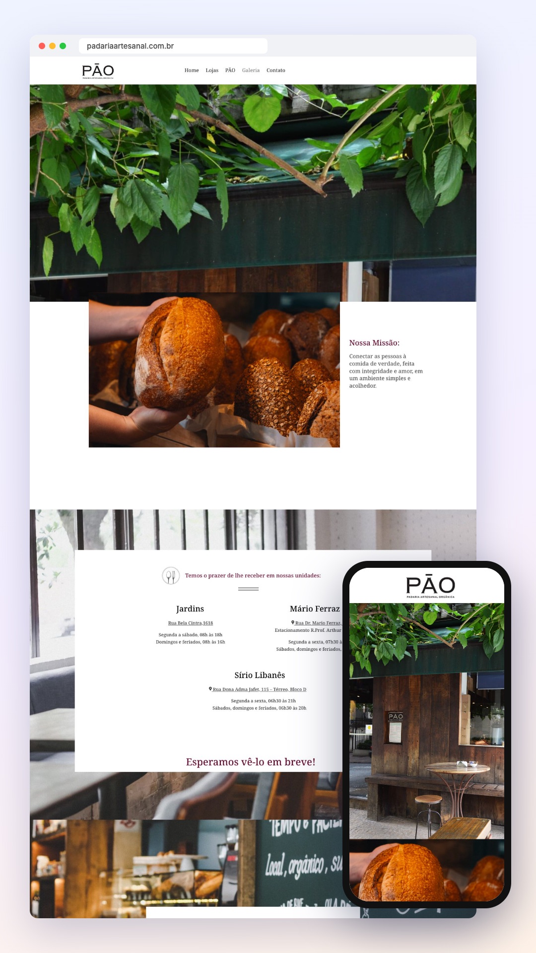 Padaria Artesanal: site no computador e no celular