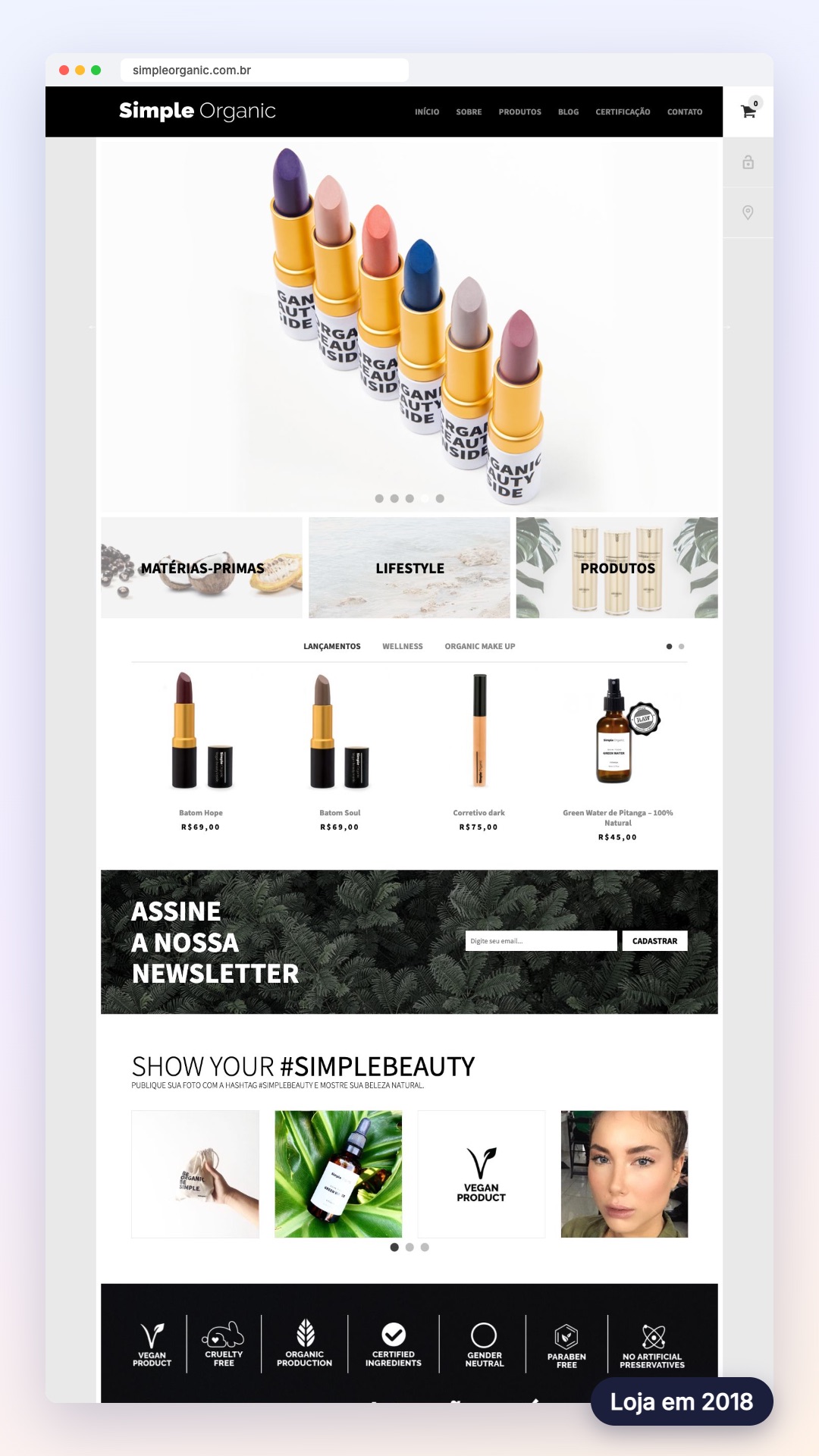 Simple Organic: site no computador e no celular