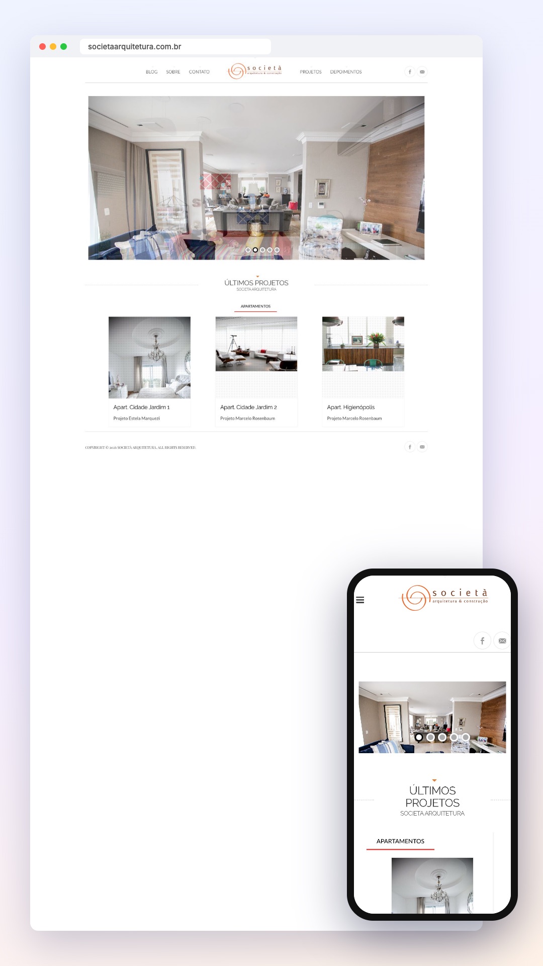 Societa Arquitetura: site no computador e no celular