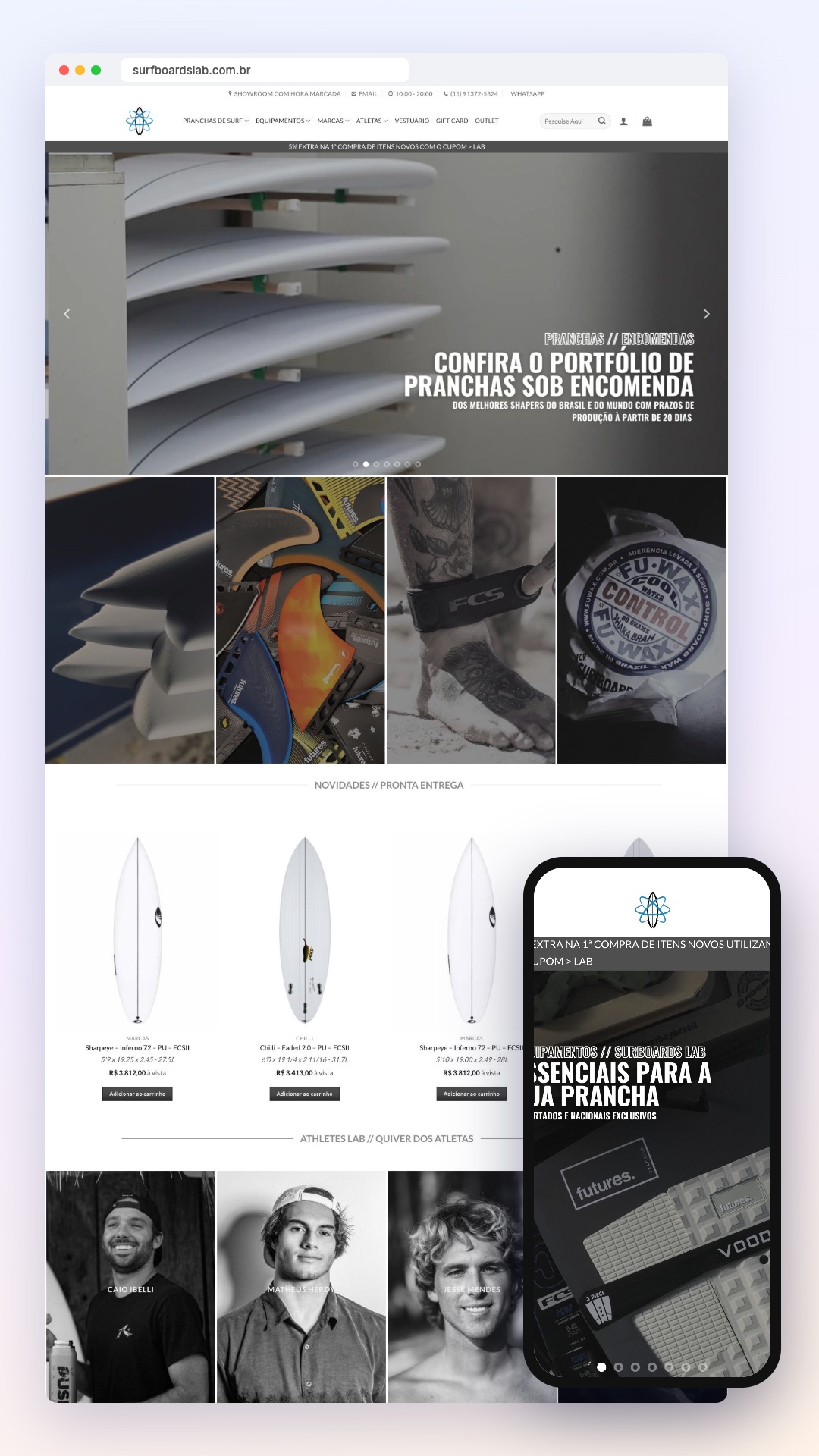 Surfboards Lab: site no computador e no celular