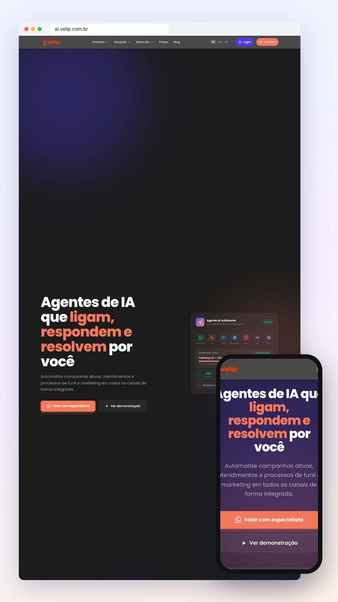 Velip: site no computador e no celular