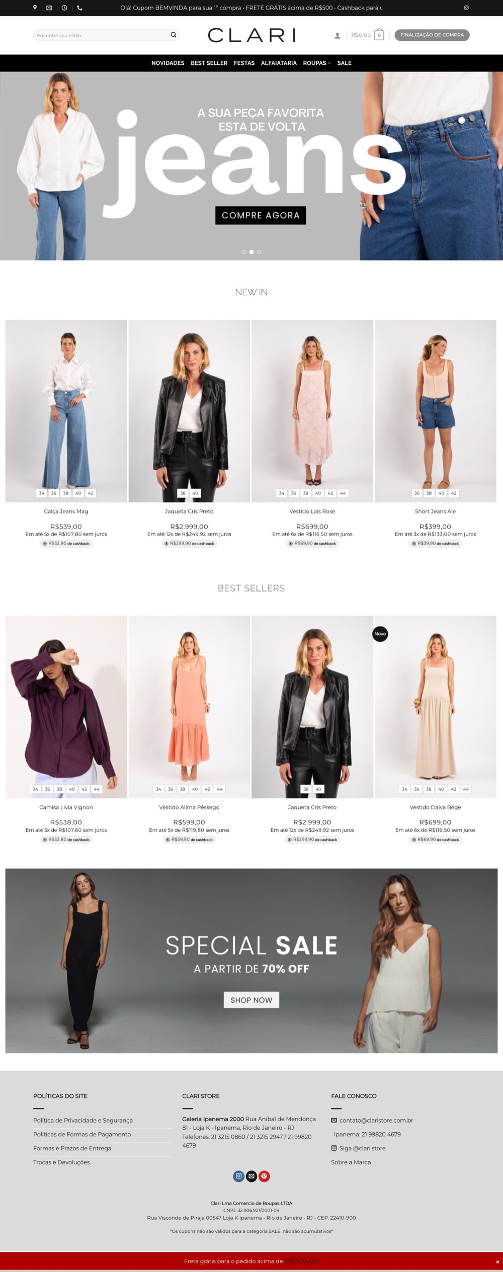 Página inicial do site Clari Store