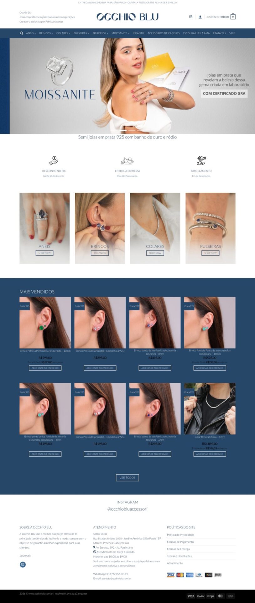 Página inicial do site Occhio Blu