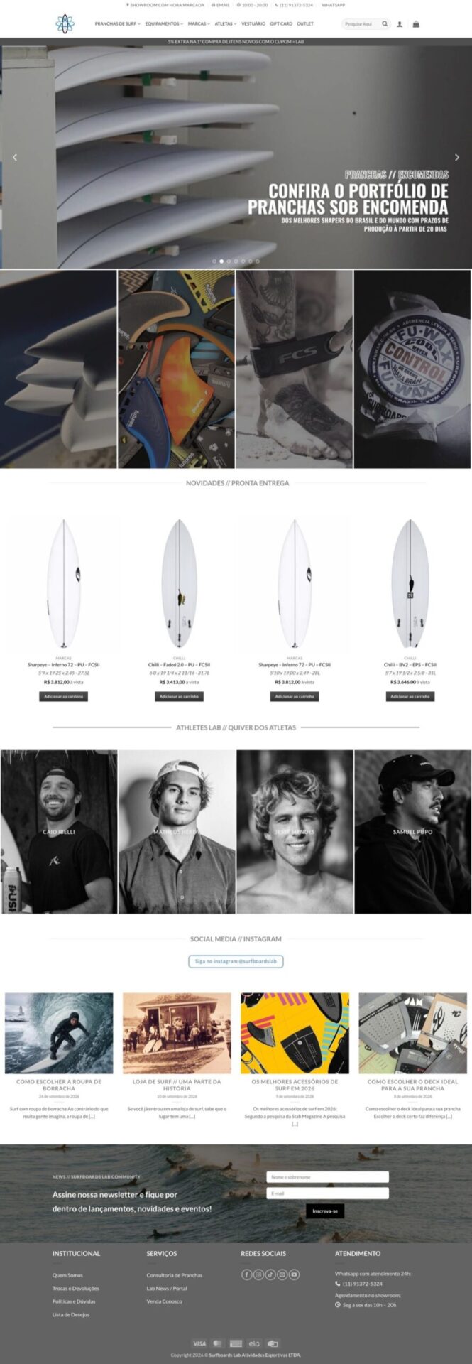 Página inicial do site Surfboards Lab